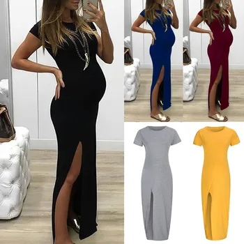 

Maternity Solid Dresses Fashion Women Short Sleeve Bodycon Open Fork Pregnancy Dress Props Summer Casual Clothes For Women 2019