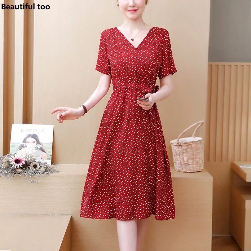 

Women Dress pleated Plus Size L-5XL Summer Print Casual Elegant Ladies Black Red Chiffon Dresses Vintage Loose Bandage Sundress