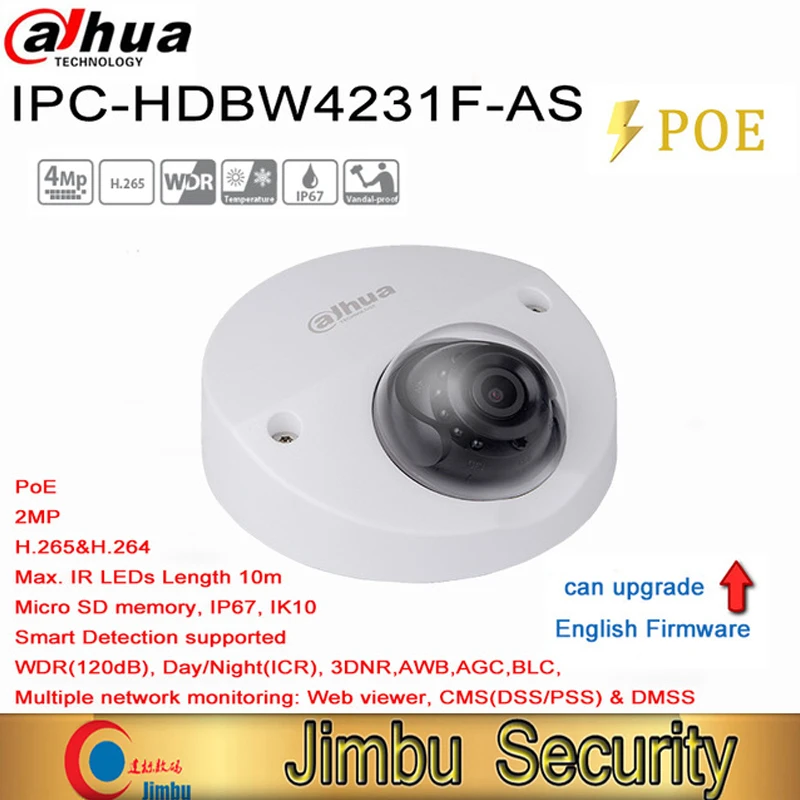 Dahua 2-мегапиксельная ip-камера мини купольная IPC-HDBW4231F-AS IR20m IP67 поддержка IK10 POE Micro SD память CCTV камера Интеллектуальное обнаружение поддерживается