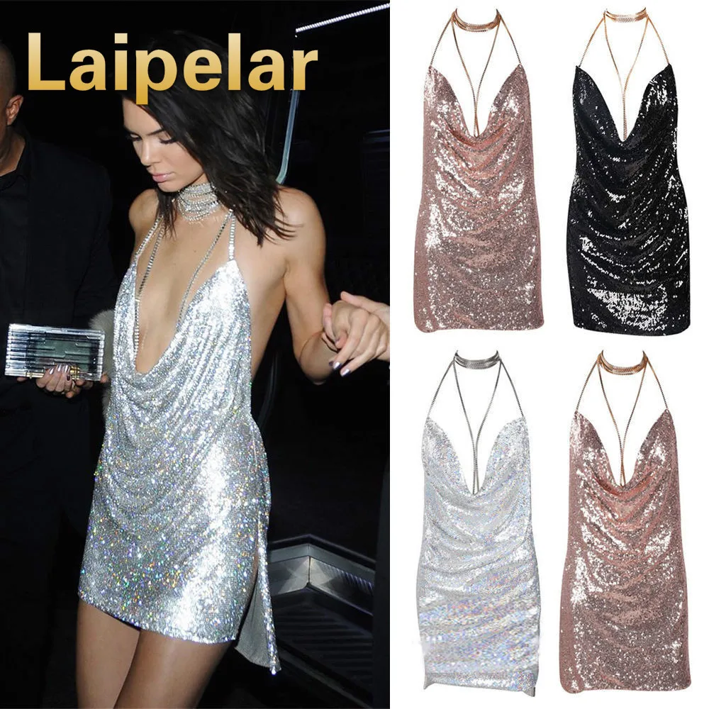 Laipelar Sexy Sleeveless Deep-V Halter Split Sequin Dress V Neckl Backless Christmas Party Dress Bandage Halter Clothes