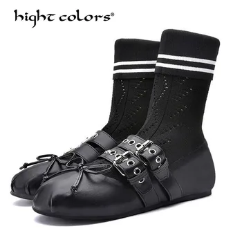 

Fall Women Sock Boots Ballet Shoes Belt Buckle Elastic Mid-Calf Boots Women Genuine Leather Ladies Shoes T3321