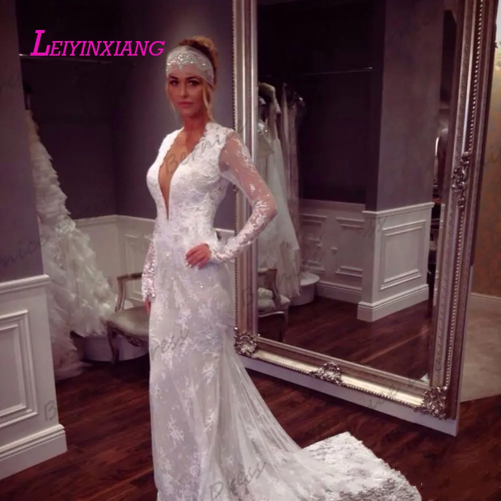 

LEIYINXIANG 2019 Bride Dress Wedding Dress Vestido De Noiva Backless Princess Natural Sexy Mermaid Luxury Appliques V-neck Full