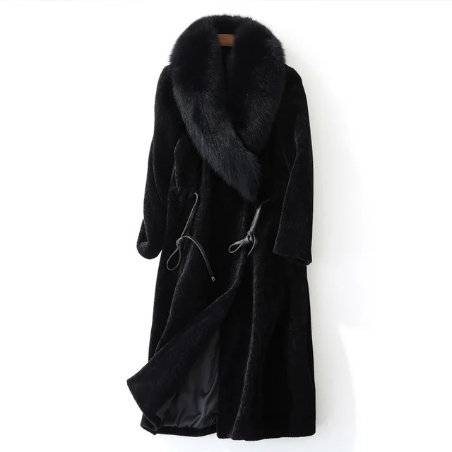 Высококачественное пальто из овечьей шерсти, пальто с воротником из натурального меха лисы, зимнее женское пальто, длинная Корейская шерстяная куртка из овечьей шерсти - Цвет: black