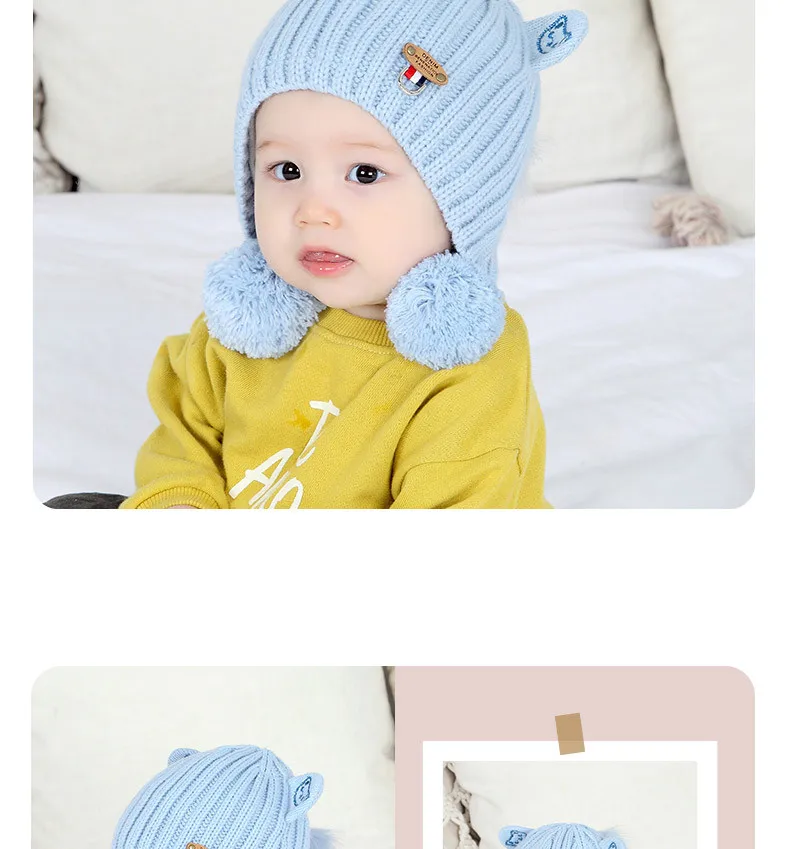 New Baby Knit Hat Autumn And Winter Thickening Female Baby Winter Hat  With Hair Ball Newborn Wool Hat Out Of The Ear Cap GCG42 (11)
