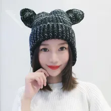 Mingjiebihuo Новая модная Корейская осенне-зимняя Милая шерстяная шапка с кошачьими ушками теплые наушники вязаная шапка Повседневная дикая головной убор