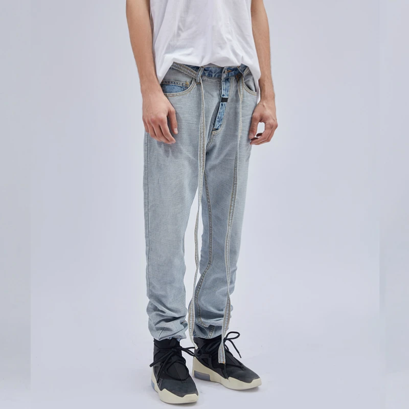 

19ss high quality Latest INS Hip Hop Inside Out Slim Jeans Detachable Belted Denim Biker Pants Vintage Light Blue Jogger pants