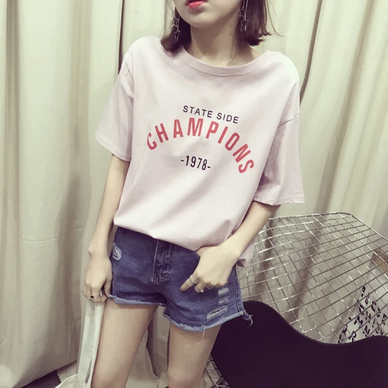 

2019 Korean Style Female Summer T-shirt Wholesale Casual Lady Brand Tops Champions Print Letter Tee Women Loose T-Shirt