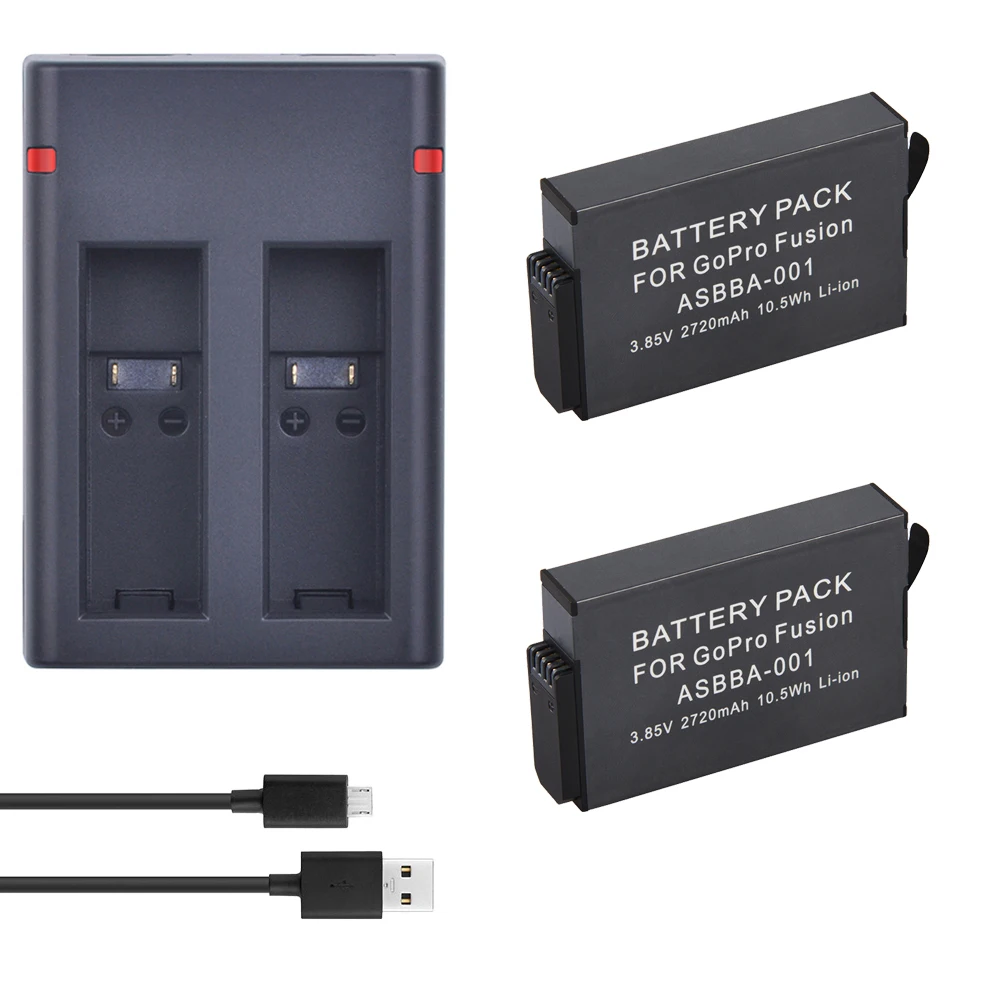 2 шт. аккумуляторные батарейки 2720 мАч + канальное Зарядное устройство USB для экшн