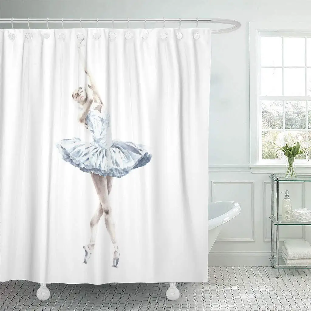 

Fabric Shower Curtain with Hooks Action Ballerina Dancing Ballet Dying Swan Lake Dancer Watercolor Painting White Dance