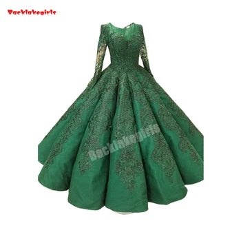 

0447 Agate Green New Design Alibaba Wedding Dress Long Sleeve Tight Chest Fluffy Dinner Wedding Dresses