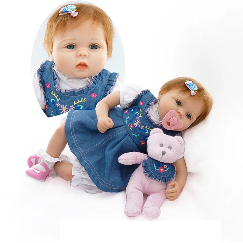 

2018 Newest 22" Dolls Lovely Cotton Body Silicone Doll With A Plush Toy Jeans Skirt Clothes Realista Birthday Gift