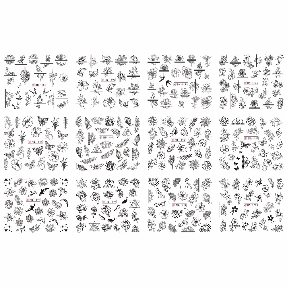 

12 PACK/ LOT WATER DECAL NAIL ART NAIL STICKER FULL COVER BLACK GEOMETRIC FLOWER LEAF PETAL FISH BUTTERFLY BN1189-1200