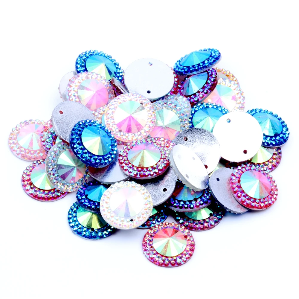 

16mm 100pcs Sew On Round Cabochons Surface Resin Rhinestones AB Colors Flatback DIY Crafts Jewelry Making Garment Decorations