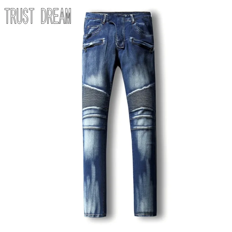 TRUST DREAM European Style Men Fashion Slim Panelled Washed White Personal Stretch Man Moto Biker Jeans