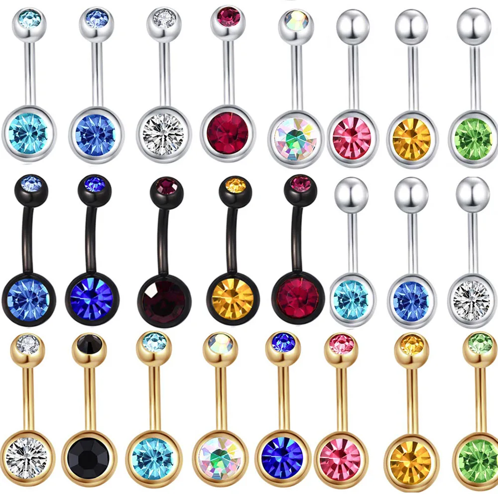 

JUNLOWPY Surgical Steel Single Double Gem Belly Navel Rings 14g Bell Button Ring Curved Navel Barbell Banana Bar Piercing 1pcs