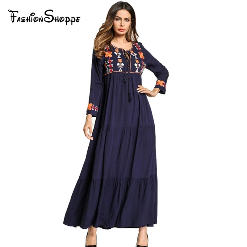 

2018 Embroidery flower ethnic casual long dress Spring Summer Sweet Elegant maxi dresses Ankle-Length muslim dress abaya #D505