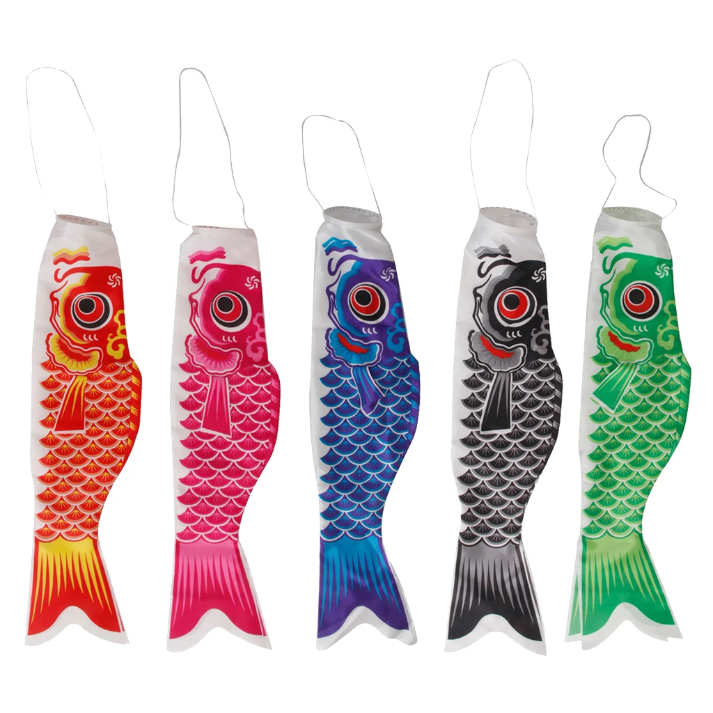 Japanese Windsock Carp Flag Koi Nobori Fish Wind Streamer Garden Decor 70cm (27.6'') Red, Pink, Blue, Green, Black 5-Piece Set