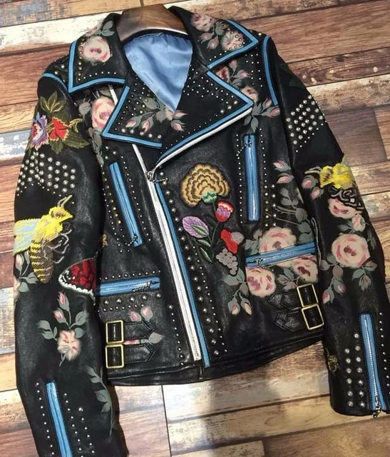 Motorista jacke de cuero pintados a mano bordado Chaqueta