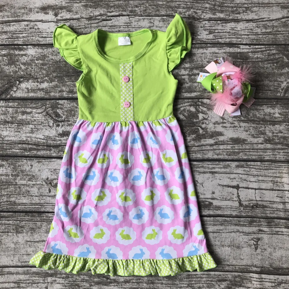 

new arrival Easter day baby girls kids boutique clothes ruffles dress cotton bunny print with matching accessories headband