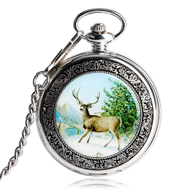 

2016 Exquisite Silver Elk Cute Design Antique Mechanical Hand Wind Pocket Watch Men Retro Pendant Women Fob Watch montre gousset