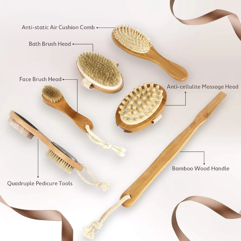 TREESMILE Dry Body Brushing Set - Natural Bristle Shower Brush - Remove Dead Skin & Toxins,Cellulite Treatment Massage Brush D30