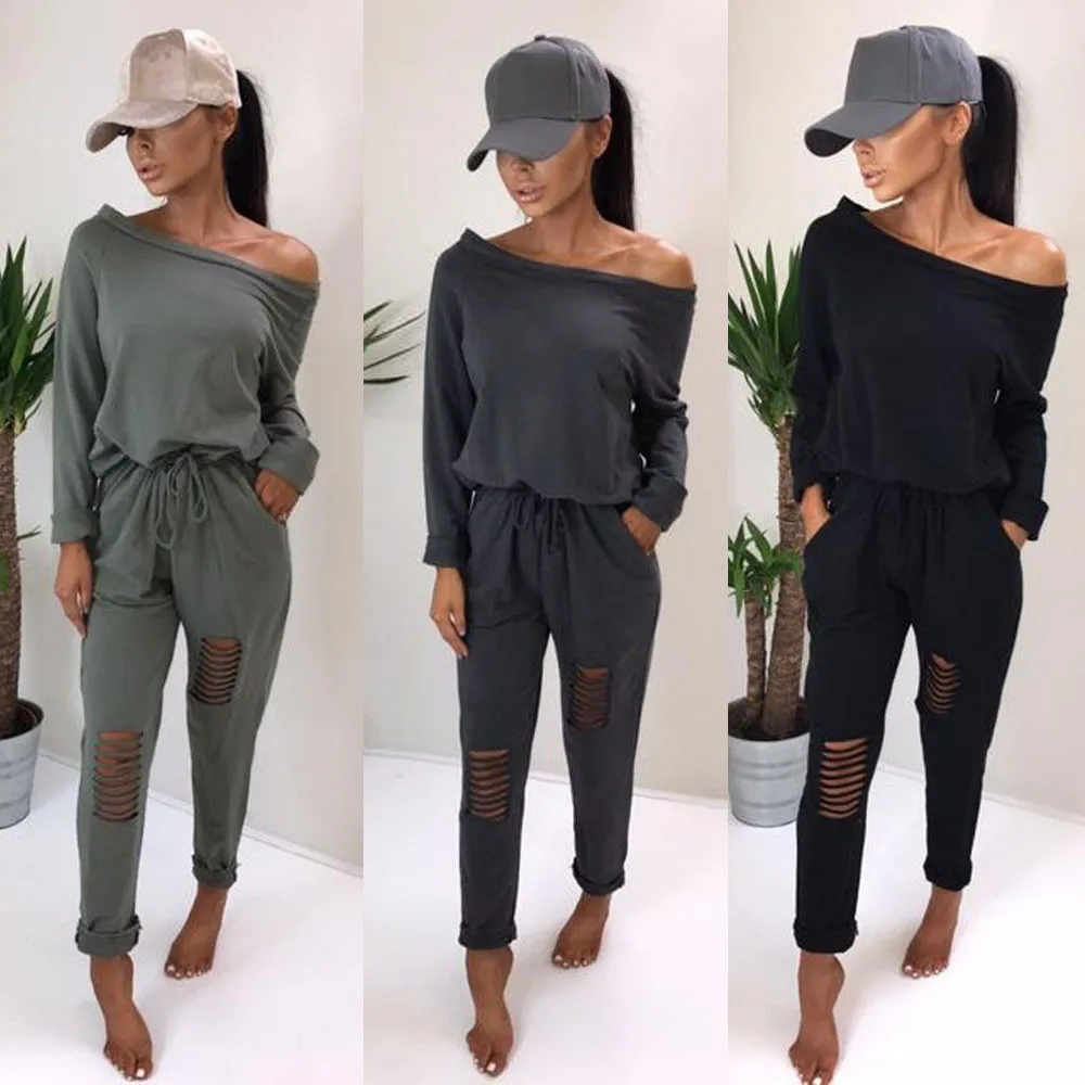

2019 Womens Off Shoulder Long Sleeve Ripped Playsuits Casual Bodysuit Jumpsuit 3.22