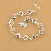 Новое поступление,, 925 пробы, серебряные, цветные, квадратные, кубический цирконий, браслеты с застежкой-Омаром для женщин, женские ювелирные изделия