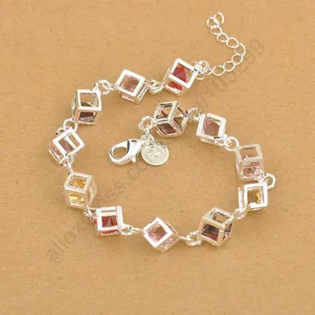 

New Arrival Hot Selling 925 Sterling Silver Colorful Square Cubic Zirconia Lobster buckle Bracelets For Women Ladies Jewelry