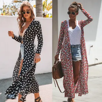 Autumn Fashion Women Lady Floral Maxi Kimono Duster Cardigan Chiffon Shirts Open Front Loose Blouses Streetwear knot front open midriff floral romper