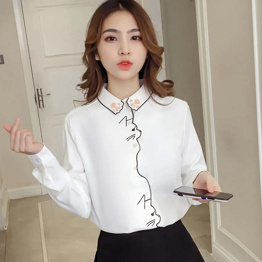  Cute Preppy Style Cartoon Cat Embroidery White Blouse Women Bordered Loose Shirt Tops Long Sleeve A