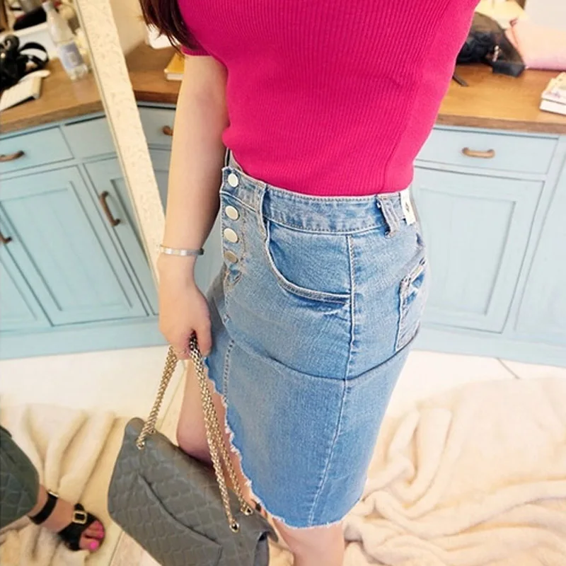 Женская юбка Топ Мода деним старинный карандаш пуговицы мини джинсовые юбки для женщин s Saia джинсы Saias Femininas