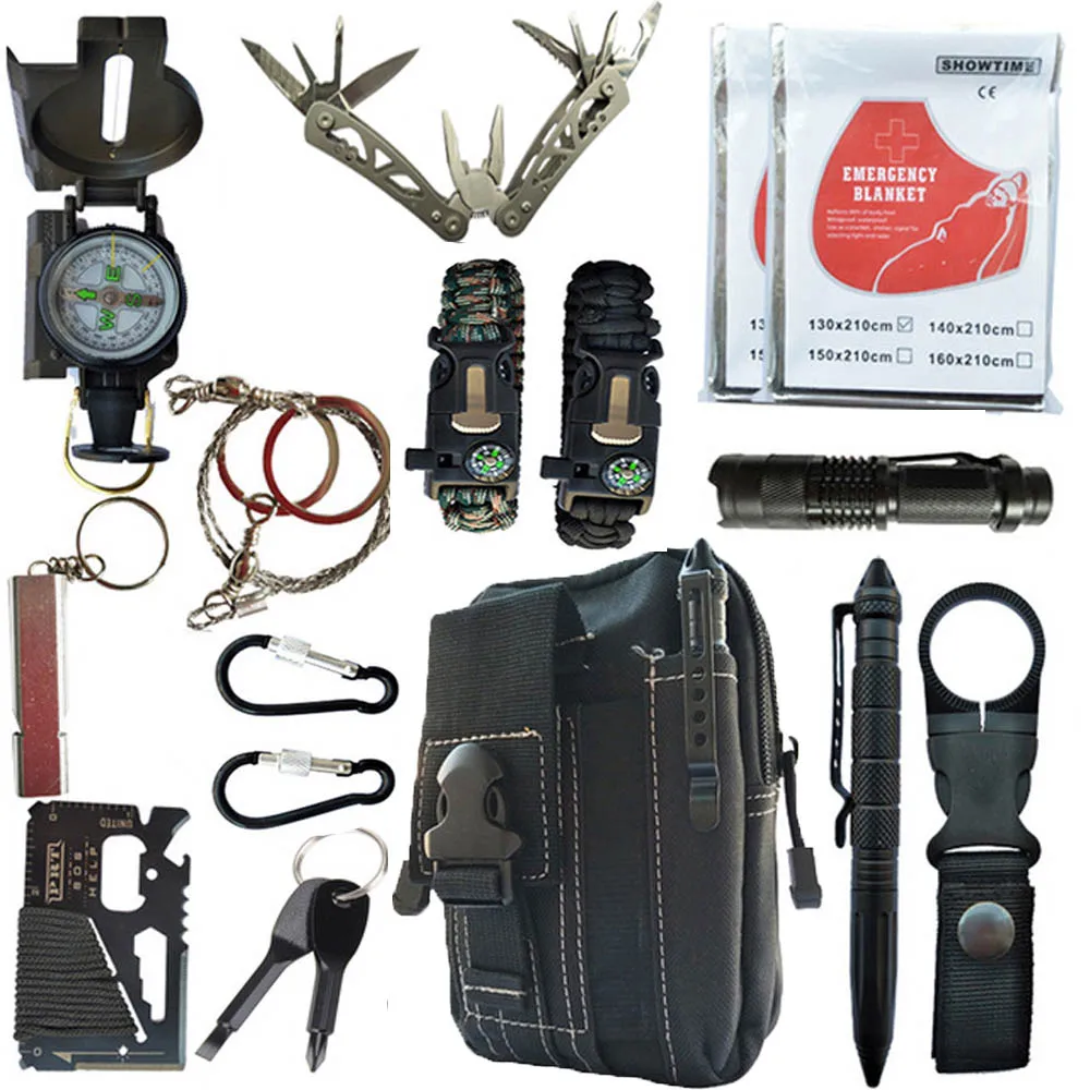 Preise 16 in 1 Outdoor survival kit Set Camping Reise Liefert Taktische Multifunktions Erste hilfe SOS EDC Notfall für Wildnis werkzeug