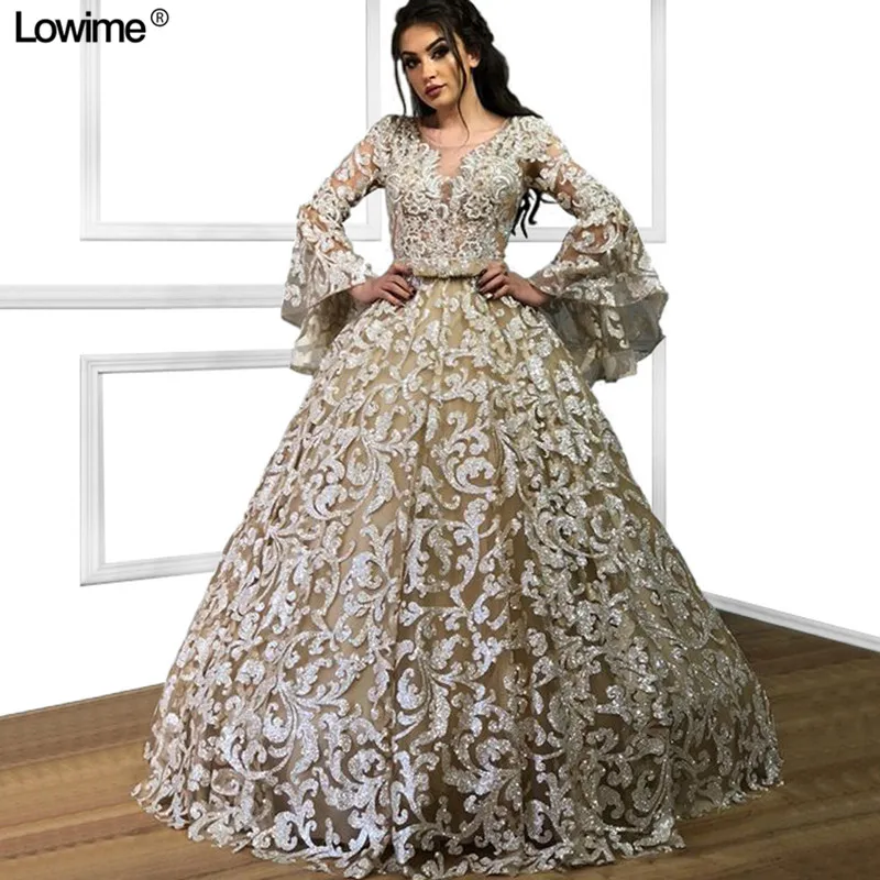 Champagne Sequined Ball Gown O-Neck Evening Prom Dresses Kaftan Abendkleider 2019 Long Bell Sleeve Abiye Gece Elbisesi
