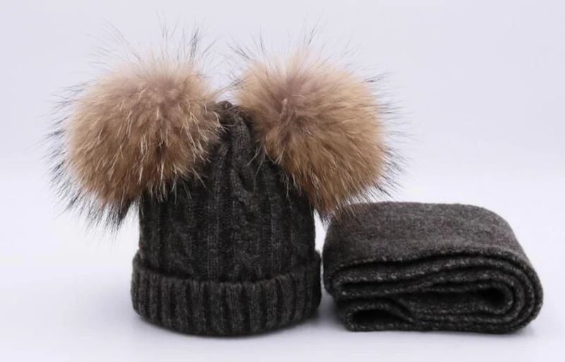 ZJBECHAHMU, натуральный Лисий мех, норка, помпоны, 15 см, Skullies Beanies, шапки для детей, для девочек, зимние шерстяные теплые шапки, шарф, новинка, Snapback шапки - Цвет: Children Dark Grey