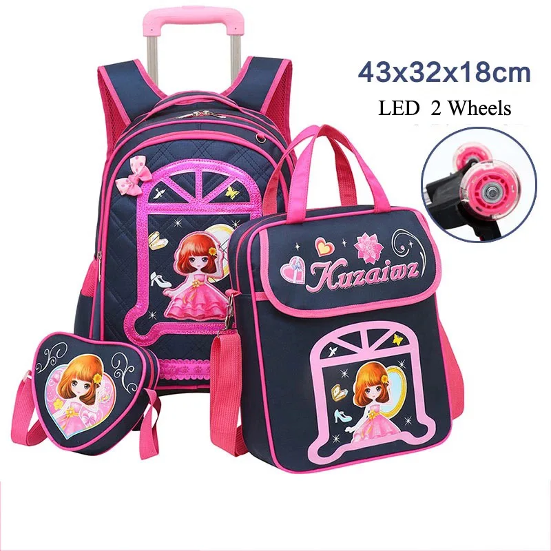 3 шт. сумка на колесах багаж набор детские школьные рюкзаки для девочек Милая дорожная сумка, чемодан на колесиках Детская сумка для багажа - Цвет: LED 2 wheels