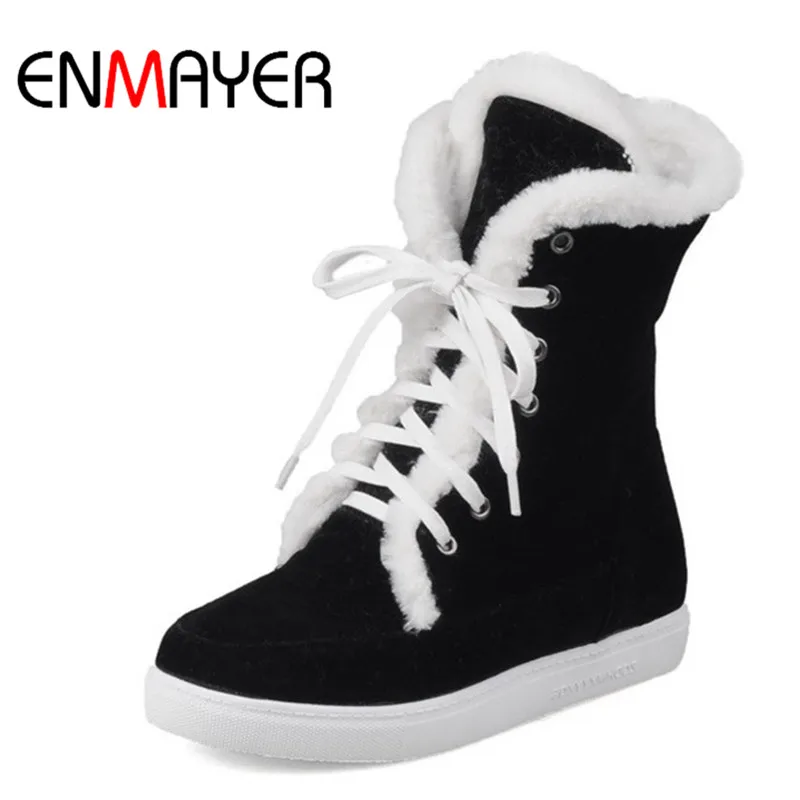 

ENMAYER New Fashion Black Shoes Woman Round Toe Lace-up Ankle Boots Women Winter Platform Shoes Big Size34-43 Winter Warm Boots