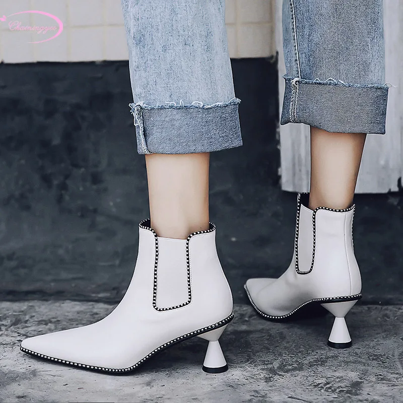 

European casual style sexy pointed toe real leather ankle boots rivets stretch beige black high heel thick women's riding boots