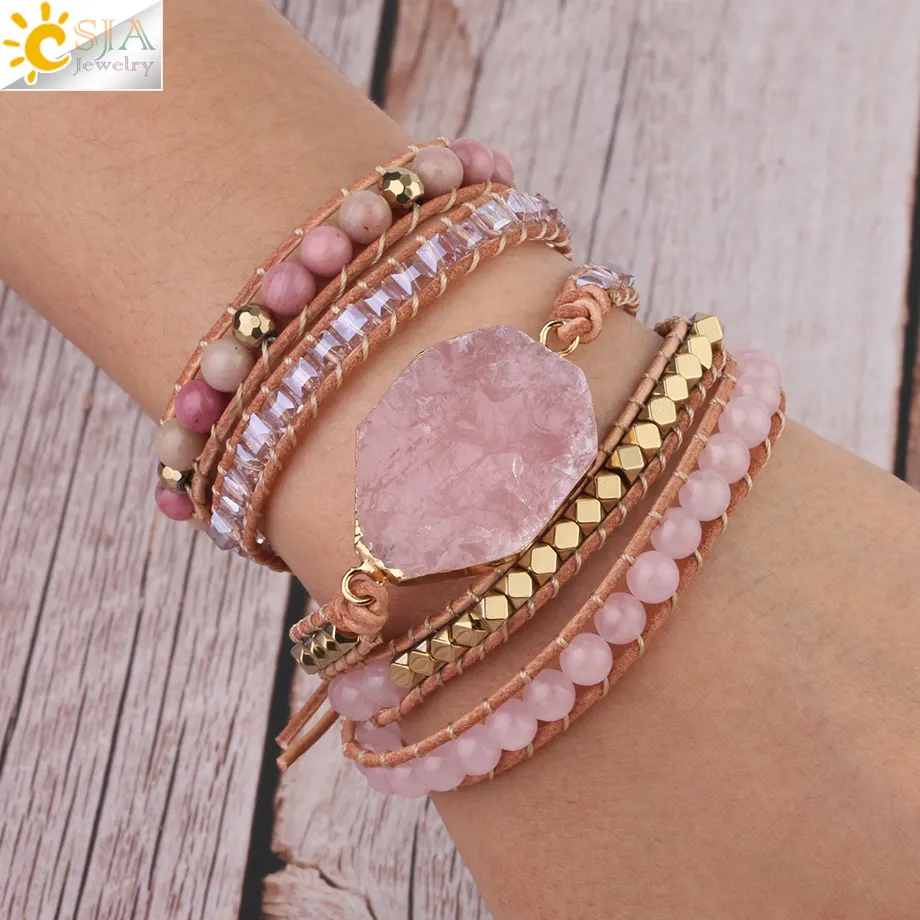 CSJA Natural Gems Stone Bracelet Crystal Beads Pink Quartz Bracelet