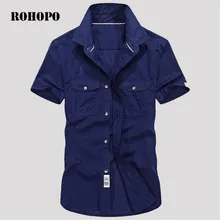 ROHOPO рубашка хлопок мужской сплошной короткий рукав модный дизайн Повседневная militar тонкие рубашки мужские карманы летние Карманы пляжные рубашки