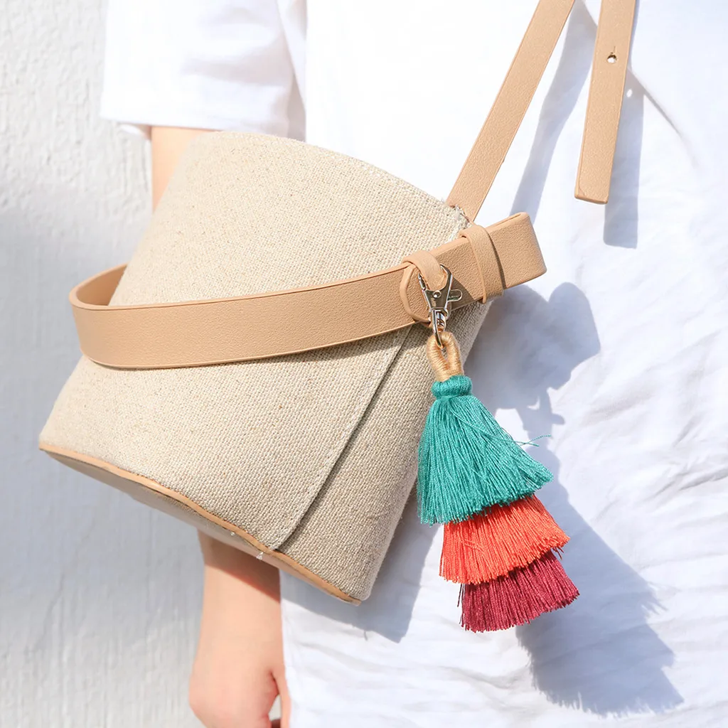 

Women Layered Rainbow Siege Boho Pom Pom Tassel Bag Charm Key Chain Ladies Fashion Creative Key Chains For Keys Decoration z0502