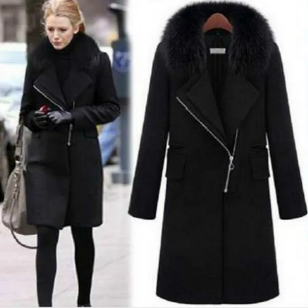 

WOMENS Winter Warm Fur Collar Thicken Wool Coat lapel Zipper JACKET