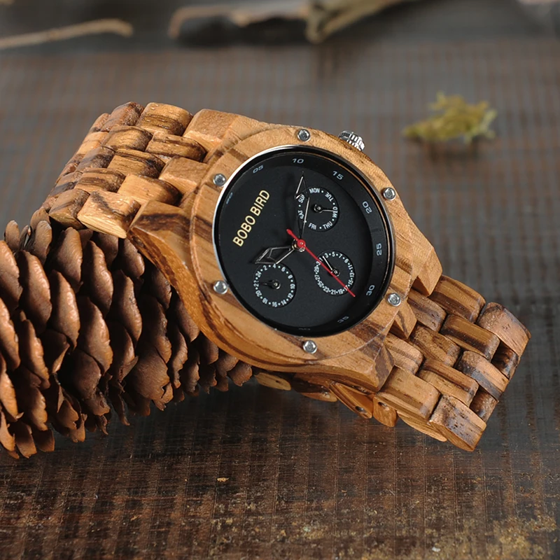 BOBO BIRD Men Watch Date Time Week 24 Hours Wooden WristWatches Round Quartz Watch With Gift Box custom logo