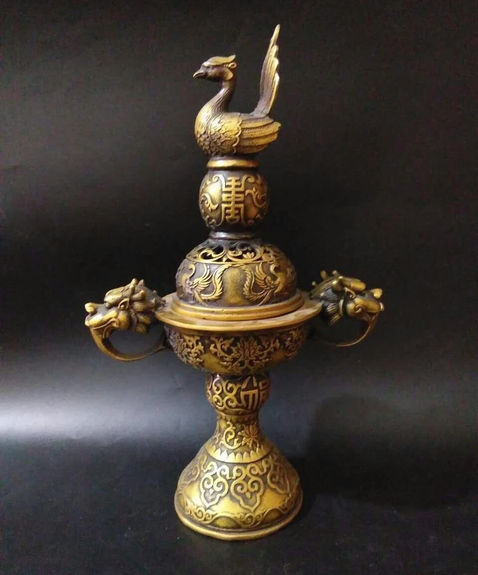 

chinese copper carved dragon Phoenix Home incense burner censer statue