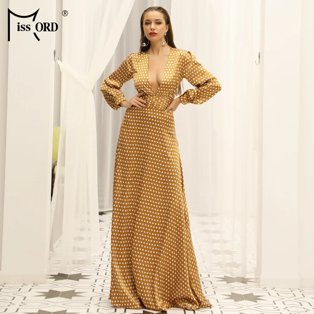 

Missord 2019 Sexy Spring And Summer Deep-V Small Dot split beach Elegant Floor-Length Dress FT18443