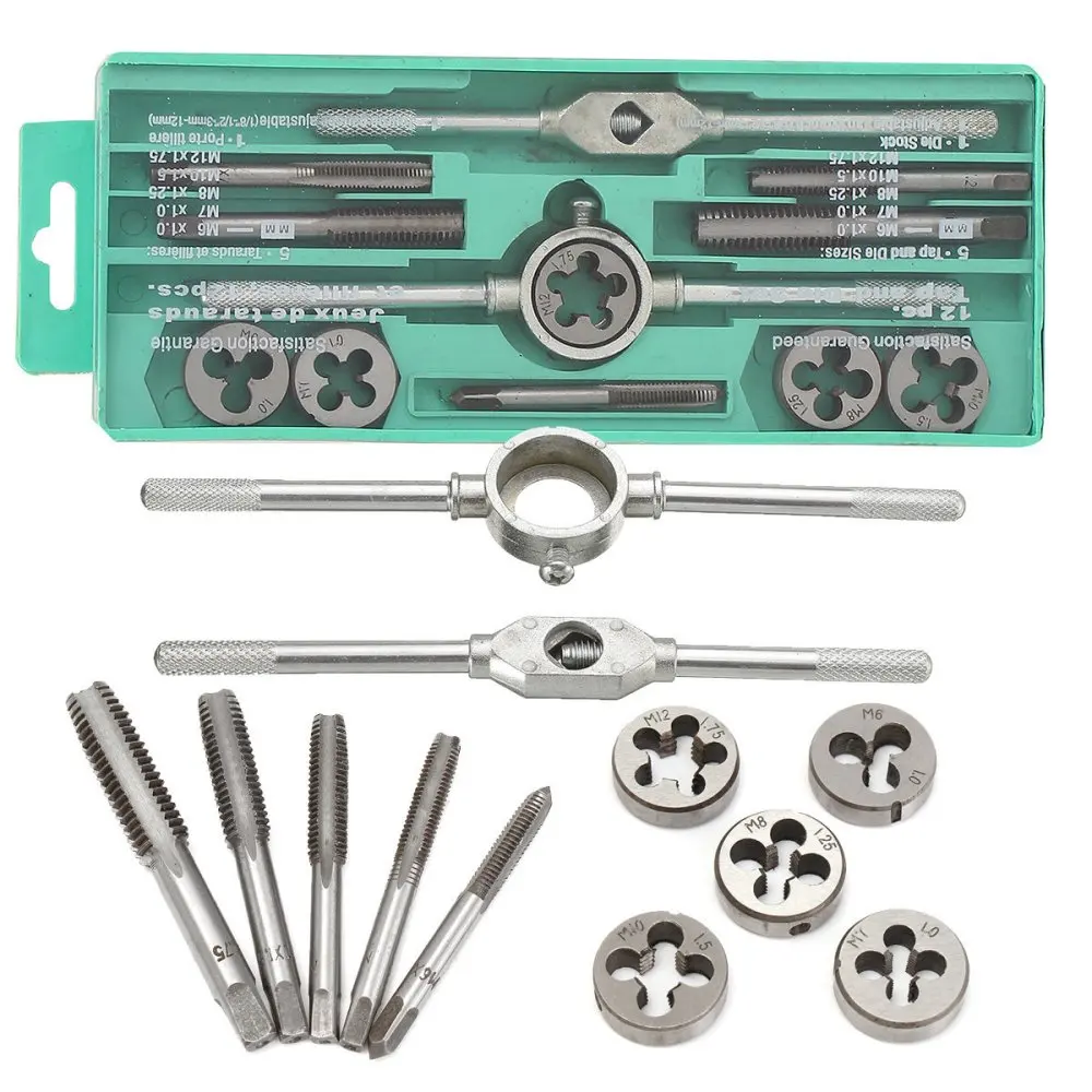 

12 Pcs Metric Tap Wrench and Die Pro Set M6-M12 Nut Bolt Alloy Metal Hand Tools