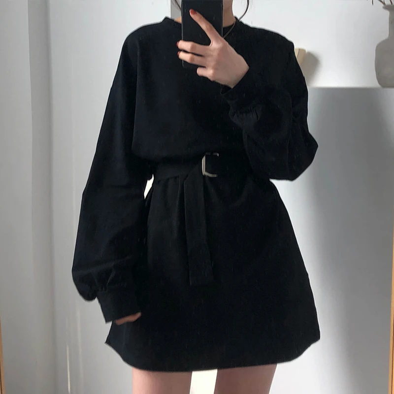 

7 colors 2019 spring and autumn solid color Long Sleeve dress Women Korean style Dress women with belt (X218)