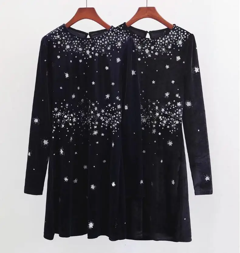 Women's Vintage Shiny Star Print stars velvet dress Long Sleeves Round