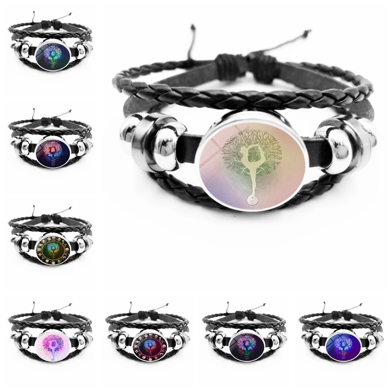 

Fashion Vintage Yin and Yang Life Tree Black Leather Bracelet Glass Convex Round Men and Women Jewelry Bracelet Accessories