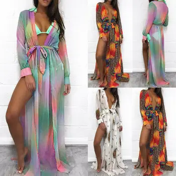 

2019 New Women's Summer Beachwear Bikini Cover Up Casual Long Maxi Beach Dress Ladies Sexy Swimsuit Cover Up Chiffon See-through