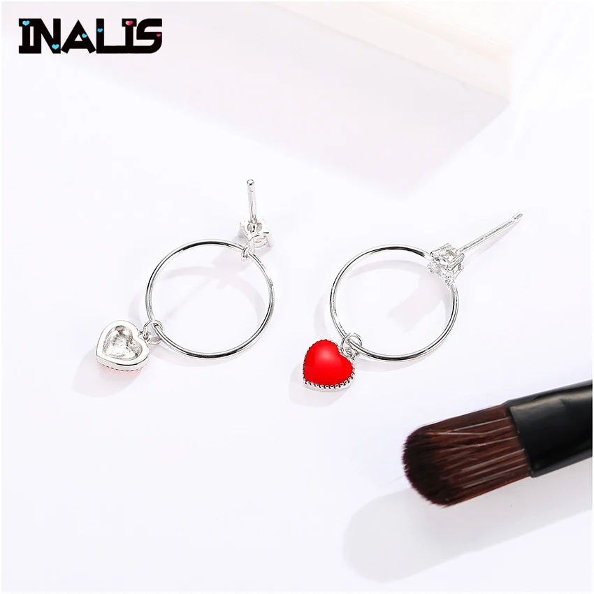 

INALIS New Korea Style Drop Earrings S925 Sterling Silver Round Circle with Red Heart Pendant Dangle Brincos for Women Party